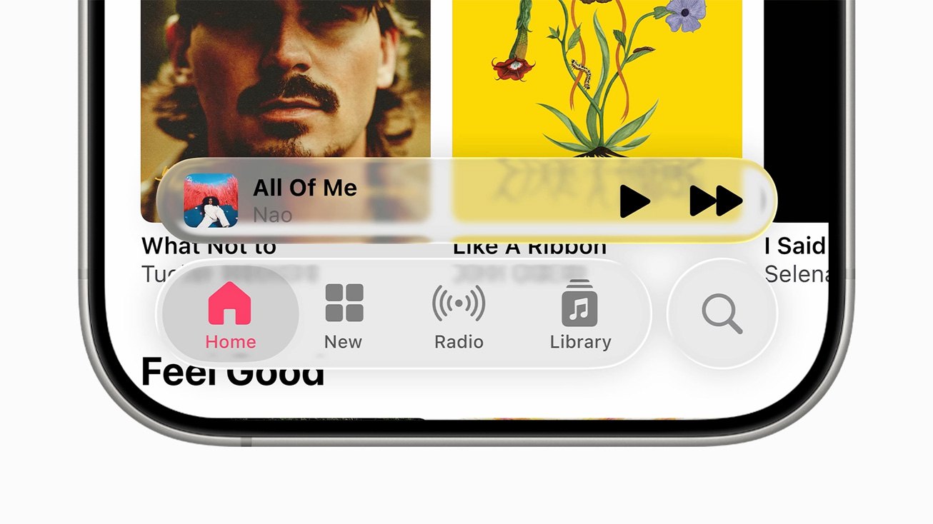 Apple Music con Liquid Glass: el reproductor y las pestañas Home, New, Radio y Library, de cristal, flotando sobre las portadas
