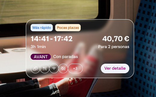 Tarjeta de cristal de la nueva web de Renfe sobre la foto de un viajero: horario 14:41-17:42, 40,70 € para 2 personas, tren AVANT con paradas y botón Ver detalle